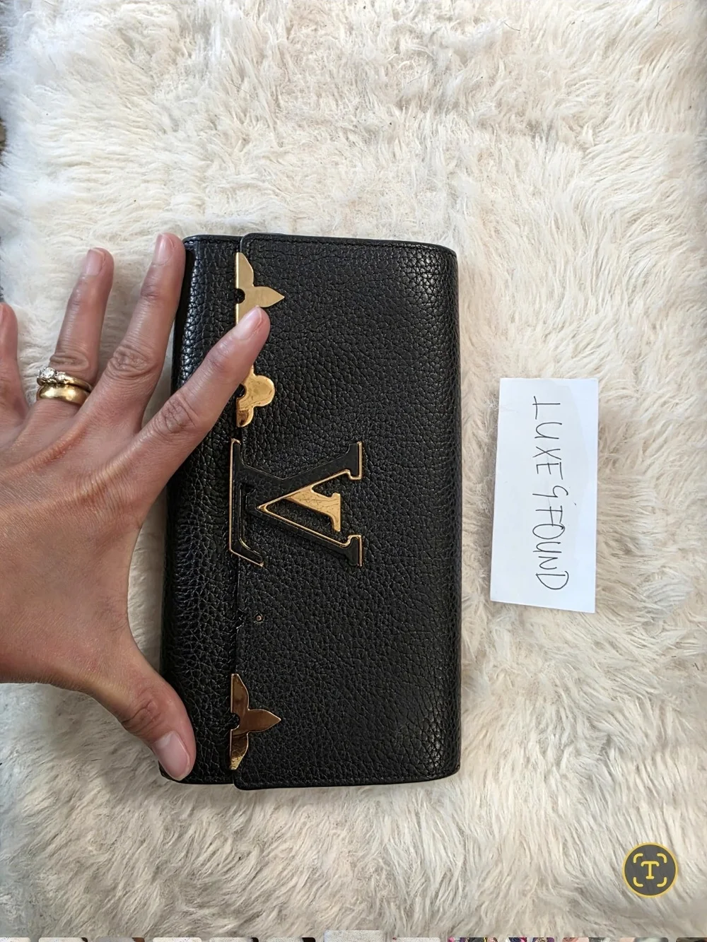 Louis Vuitton Black Grained Leather Continental Wallet with Gold Emblem